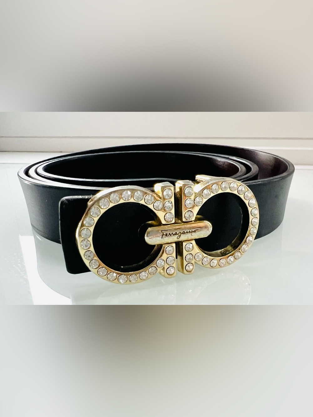 Salvatore Ferragamo Black Leather Belt with Crystal Double Gancini Buckle